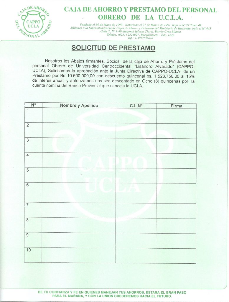 Planilla para solicitud de prestamo